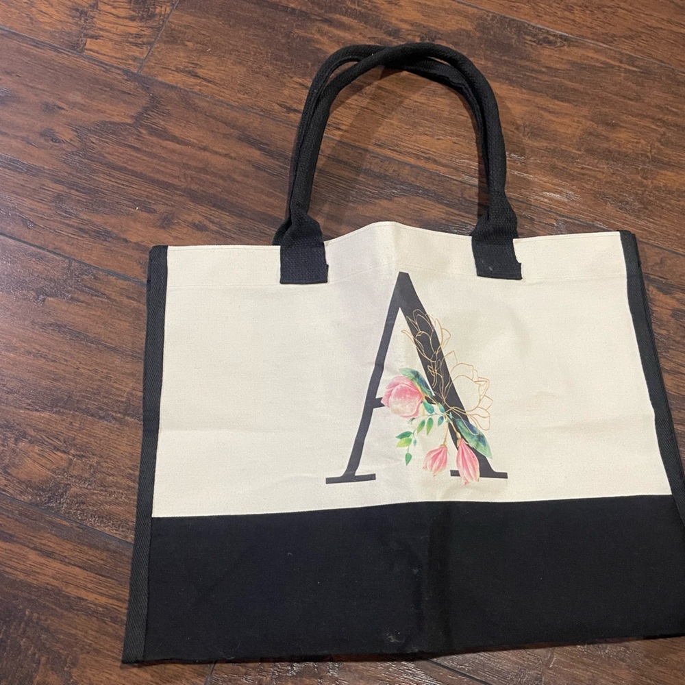 Floral Monogram Canvas Tote Bag - Black and Cream